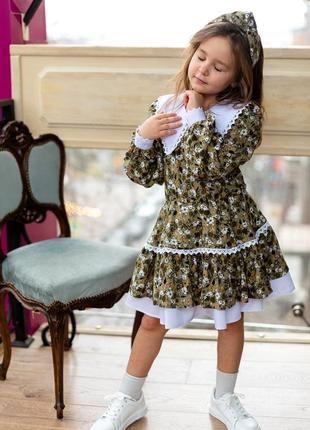 Платье детское, подростковое, цветочное, нарядное, с длинным рукавом, с белым воротником, оливковое3 фото