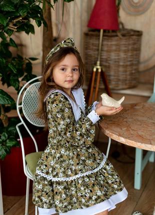 Платье детское, подростковое, цветочное, нарядное, с длинным рукавом, с белым воротником, оливковое5 фото