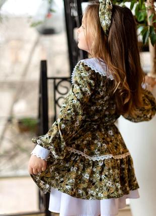 Платье детское, подростковое, цветочное, нарядное, с длинным рукавом, с белым воротником, оливковое9 фото