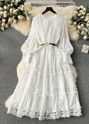 Біла жіноча мереживна сукня міді жіноча ніжна довга сукня з мереживом трендова довга сукня мереживо