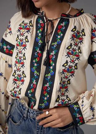 Колоритная блуза с вышивкой гладью, украинская вышиванка, этатно рубашка с вышивкой2 фото