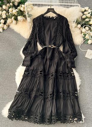 Чорна жіноча мереживна сукня міді жіноча ніжна довга сукня з мереживом трендова довга сукня мереживо