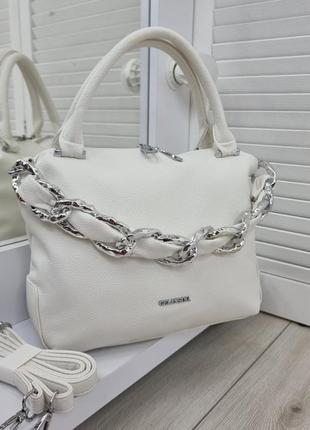 Жіноча стильна та якісна сумка з еко шкіри на 2 відділи біла8 фото