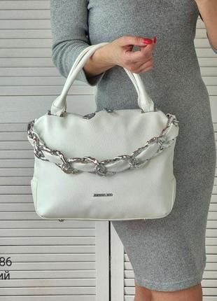 Жіноча стильна та якісна сумка з еко шкіри на 2 відділи біла2 фото