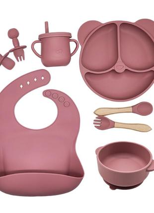 Дитячий набір силіконового посуду 8 предметів рожевий ( код: hcd-001 )