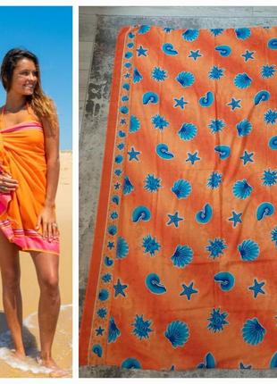 Яркое оранжевое пляжное парео ☀️палантин🏝️в синие ракушки pareo&co 🏝️maurice(170 см на 113 см)1 фото