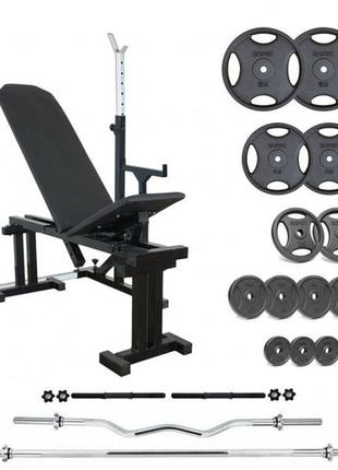 Лавка 090 + стійки зі страхувальними упорами um 0150 штанга + металева 83 кг, гриф w, гантелі rn-sport1 фото
