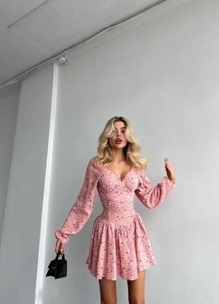 Розовое комбинезон платье в цветочный принт 💕 легкий комбинезон на длинный рукав 💕2 фото