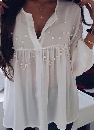 Блузка женская белая с жемчугом бенгалин-софт