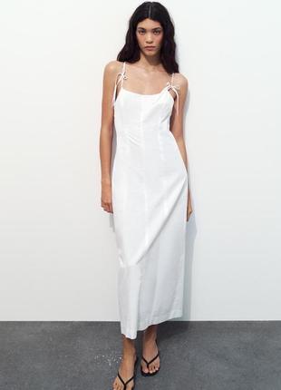 Белое габардиновое миди платье с бантами zara new