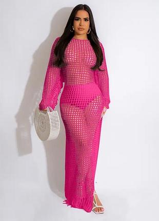 Платье розовое в сетку пляжное с бахромой,макси