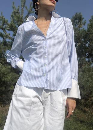 Красивая нежно-голубая блуза с белыми манжетами, винтаж