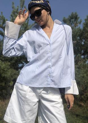 Красивая нежно-голубая блуза с белыми манжетами, винтаж2 фото