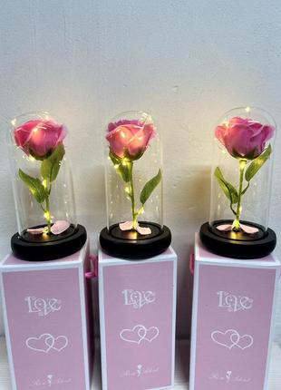 Роза в колбе под стеклянным куполом стабилизированный цветок pink с подсветкой большая3 фото