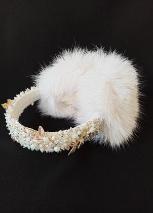 Тёплые меховые наушники, расшиты хрусталём, размер универсальный