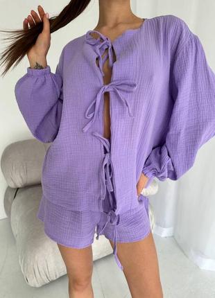 Пижама женская с шортиками и рубашкой на завязках, стильный повседневный комплект для дома1 фото