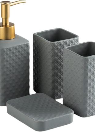 Комплект керамічних аксесуарів для ванни: дозатор, мильниця, стакани сірого кольору1 фото