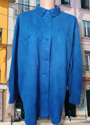 Яркая синяя рубашка оверсайз из искусственной замши на кнопках идеальное состояние размера l,m1 фото
