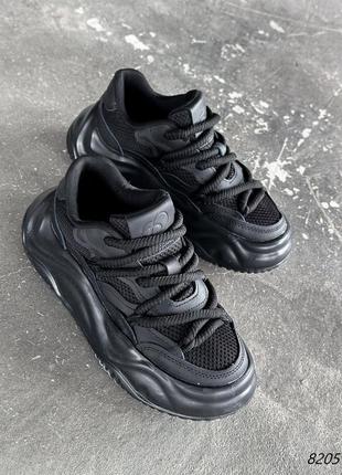 Черные натуральные кожаные текстильные кроссовки на толстой грубой подошве с сеткой в сетку кожа3 фото