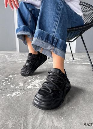 Черные натуральные кожаные текстильные кроссовки на толстой грубой подошве с сеткой в сетку кожа7 фото