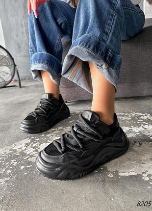 Черные натуральные кожаные текстильные кроссовки на толстой грубой подошве с сеткой в сетку кожа8 фото