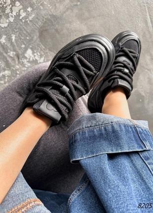 Черные натуральные кожаные текстильные кроссовки на толстой грубой подошве с сеткой в сетку кожа9 фото