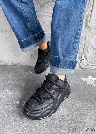 Черные натуральные кожаные текстильные кроссовки на толстой грубой подошве с сеткой в сетку кожа2 фото