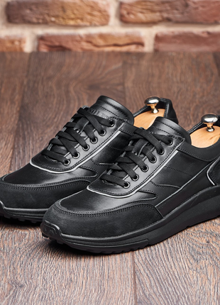 Стильні чоловічі чорні зручні шкіряні кросівки весна-осінь,демісезон,весняні,осінні,натуральна шкіра