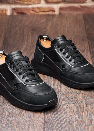 Стильные мужские черные удобные кожаные кроссовки весна-осень, демисезон, весенние,осенние,натуральная кожа5 фото