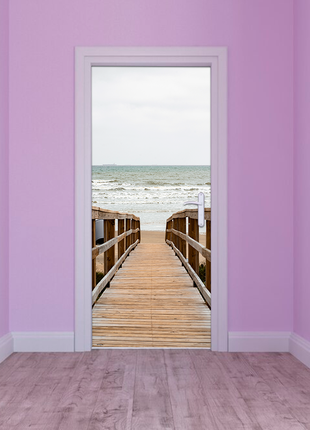 Вінілова самоклеюча кольорова декоративна наклейка на двері "море. пляж. причал" з оракалу2 фото