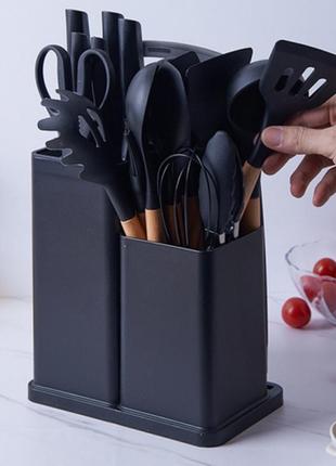 Набір кухонного приладдя на підставці 19 штук із силікону з бамбуковою ручкою, чорний1 фото