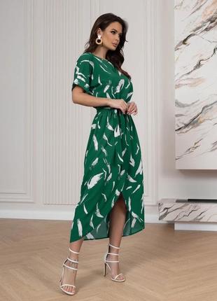 Зеленое принтованное платье с разрезом, размер s2 фото