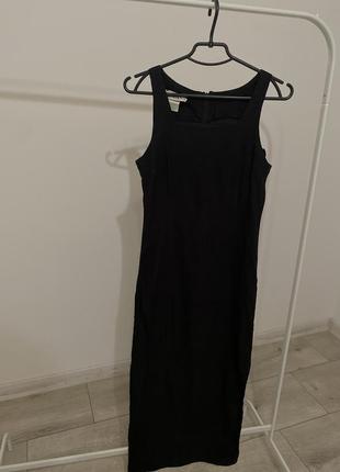 Чорне лляне плаття / довге лляне плаття з вирізом на одну ногу