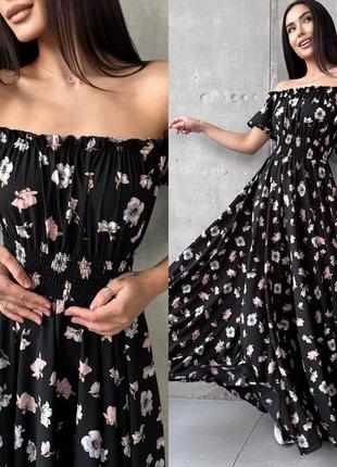Неймовірна сукня довга максі з відкритими плечима, широка спідниця сонце кльош, квіти 42-485 фото