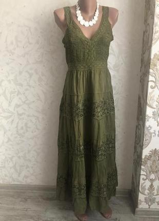 Сарафан длинный платье плаття зеленый хаки прошва выбитый вышитый2 фото
