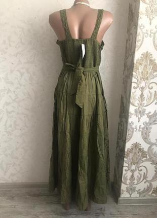 Сарафан длинный платье плаття зеленый хаки прошва выбитый вышитый4 фото