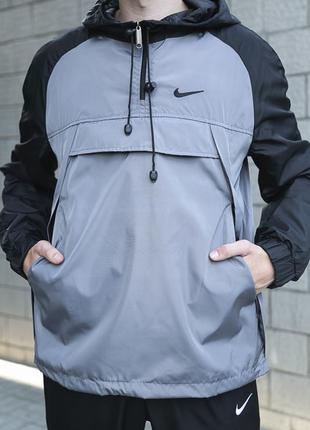Мужская ветровка анорак с капюшоном весенняя, серо-черная легкая куртка, высокое качество, в стиле nike8 фото