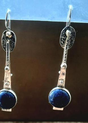 Дизайнерські ексклюзивні сережки ручної роботи срібні 925 з природнім ляпіс лазуритом5 фото