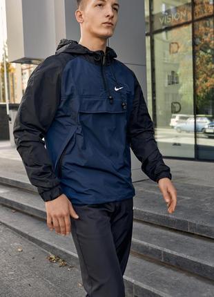 Мужская ветровка анорак с капюшоном весенняя, сине-черная легкая куртка, высокое качество, в стиле nike3 фото