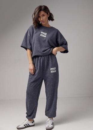 Спортивний костюм міу міу miu miu повсякденний базовий літо весна оверсайз об’ємний футболка джогери джоггери ванг wang тай дай варенка зара zara