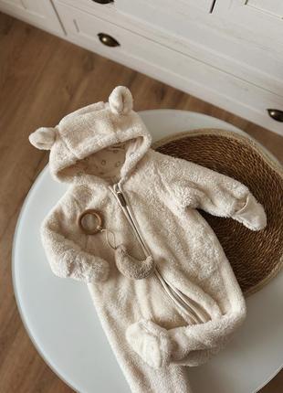 Трендовый плюшевый тедди комбинезон с ушками мишка медвежонок молочный 0-3мес 56-62см7 фото