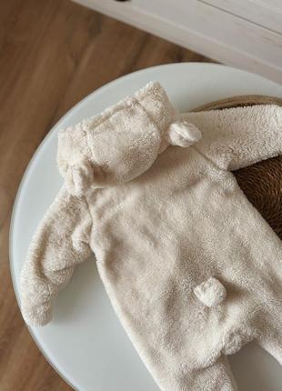 Трендовый плюшевый тедди комбинезон с ушками мишка медвежонок молочный 0-3мес 56-62см3 фото