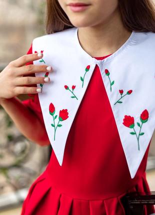 Платье детское, подростковое, нарядное, с белым воротником, красное5 фото