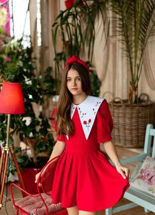 Платье детское, подростковое, нарядное, с белым воротником, красное3 фото