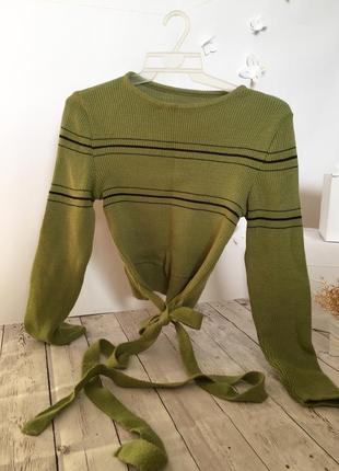 Вязаный кофта свитер в полоску с завязками полоска укороченная короткая облегающая кроп топ