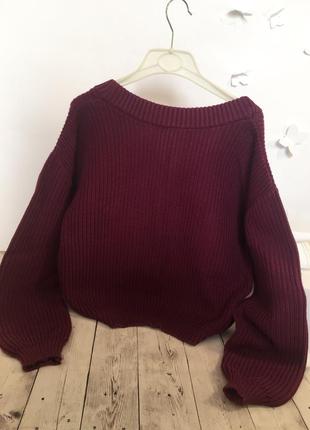 Вязаная кофта в рубчик базовый плетеный свитер с v-вырезом плетения оверсайз объемная1 фото