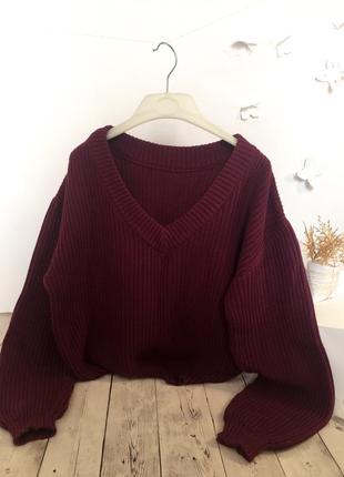 Вязаная кофта в рубчик базовый плетеный свитер с v-вырезом плетения оверсайз объемная2 фото
