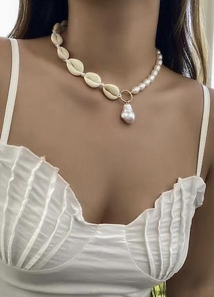 Стильная подвеска жемчуг ракушки, ожерелье с жемчугом, бусы ракушки и жемчуг1 фото