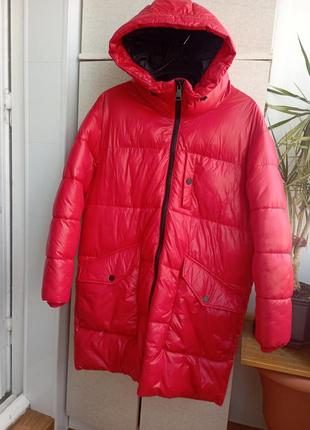 Красная куртка dkny wet shine long puffer coat rudolph red2 фото