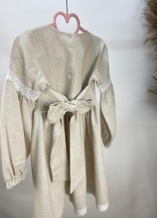 Сукня з льону бежева з мереживом рукав довгий ззаду бантик6 фото